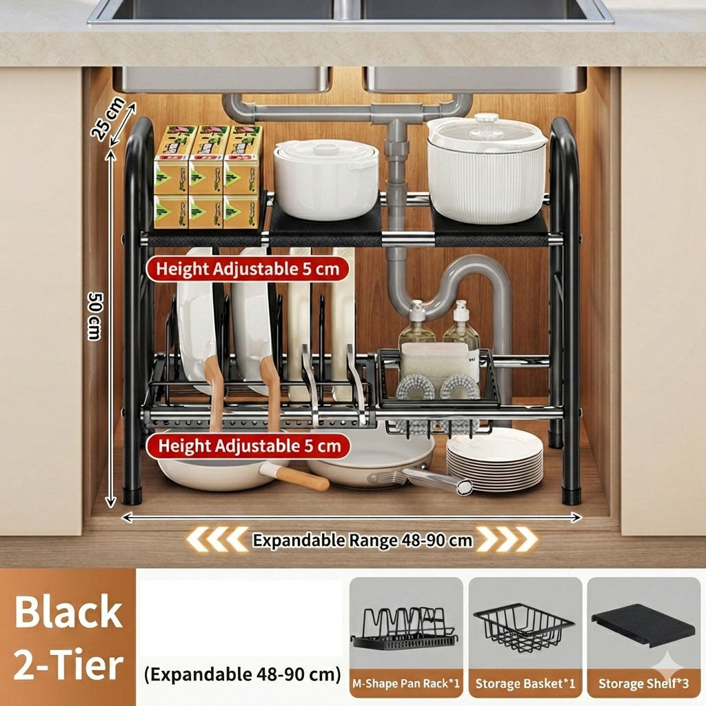 Organisateur Sous Évier Extensible de Cuisine 2 Niveaux Réglable – منظم أغراض في المطبخ