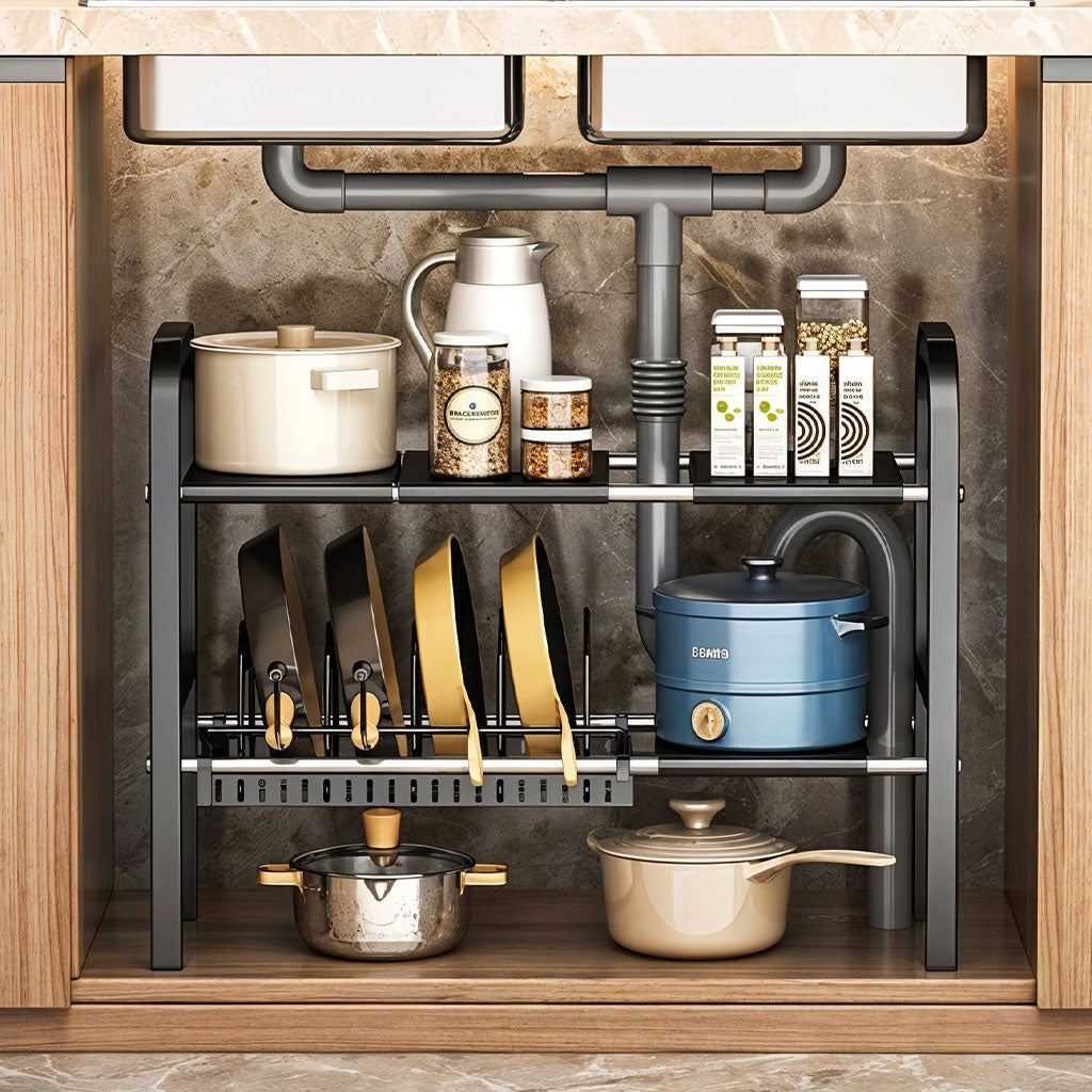 Organisateur Sous Évier Extensible de Cuisine 2 Niveaux Réglable – منظم أغراض في المطبخ
