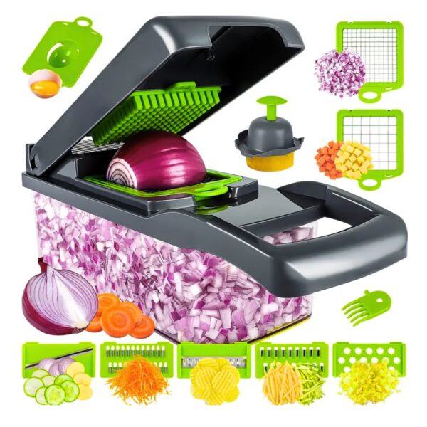 Hachoir à légumes multifonctionnel 14in1 , trancheur, mandoline, hachoir à oignons pour oignon, pomme de terre, tomate, concombre, carotte