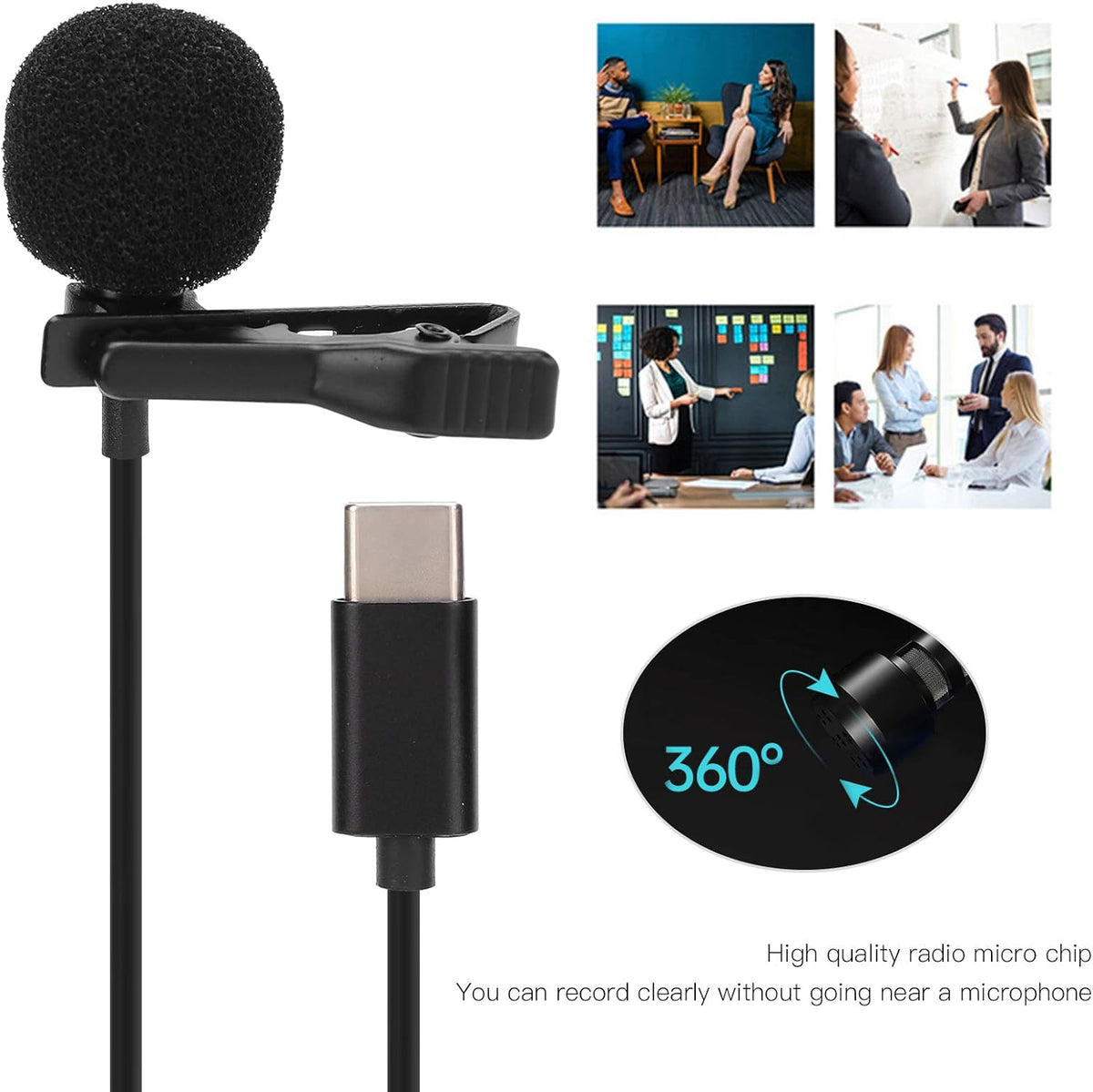 Microphone cravate professionnel USB-C de 2 m à condensateur sphérique - ميكروفون جودة صوت احترافية كابل بطول 2 متر