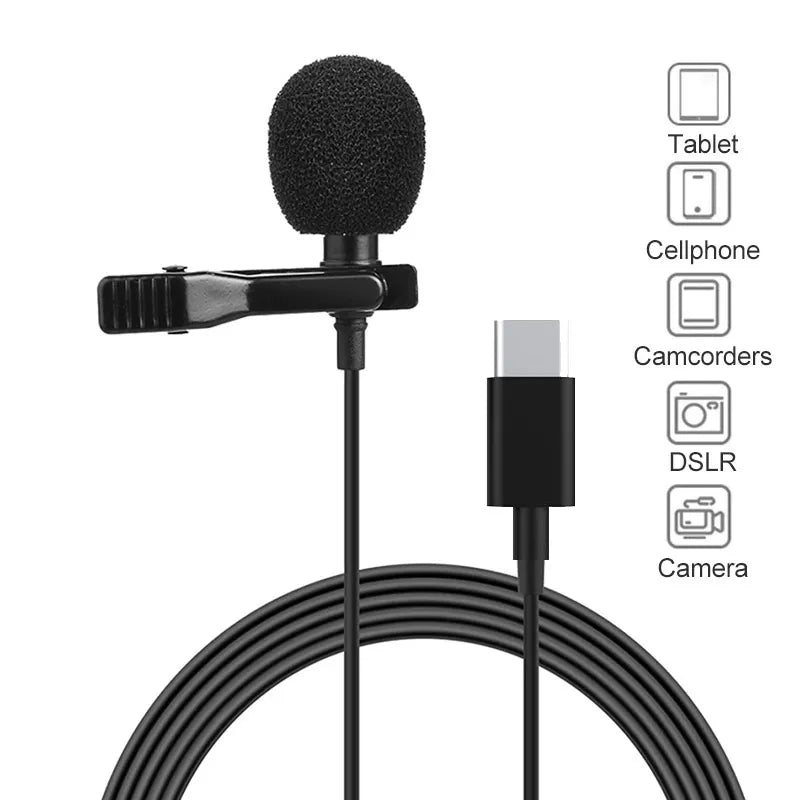 Microphone cravate professionnel USB-C de 2 m à condensateur sphérique - ميكروفون جودة صوت احترافية كابل بطول 2 متر