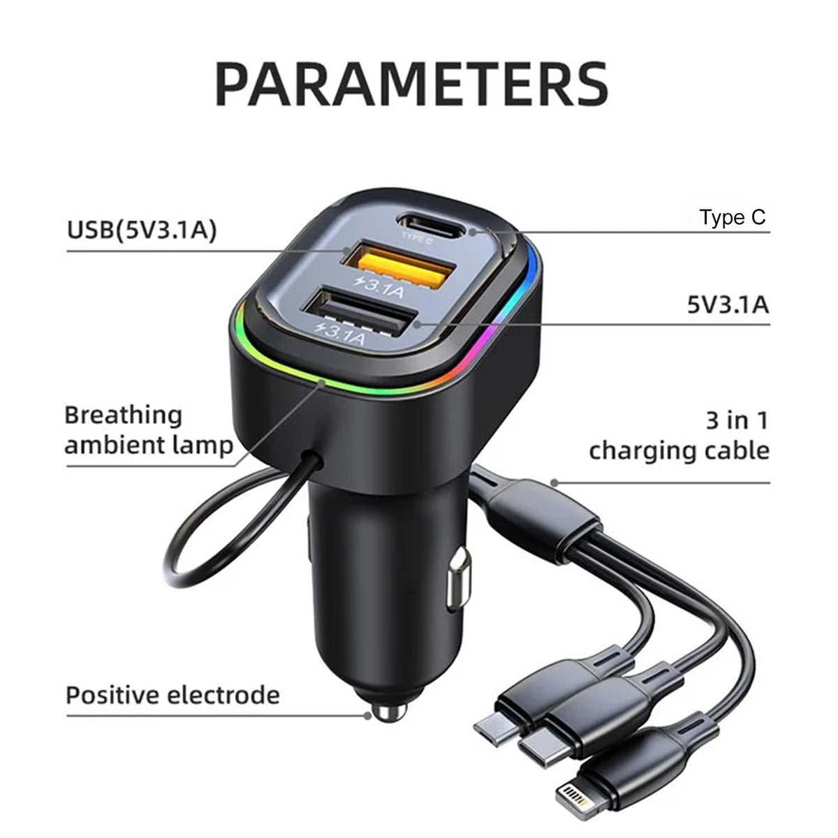 Chargeur de voiture à 3 ports avec câble de charge 3 en 1 intégré (Lightning/Type-C/Micro USB) - شاحن سيارة