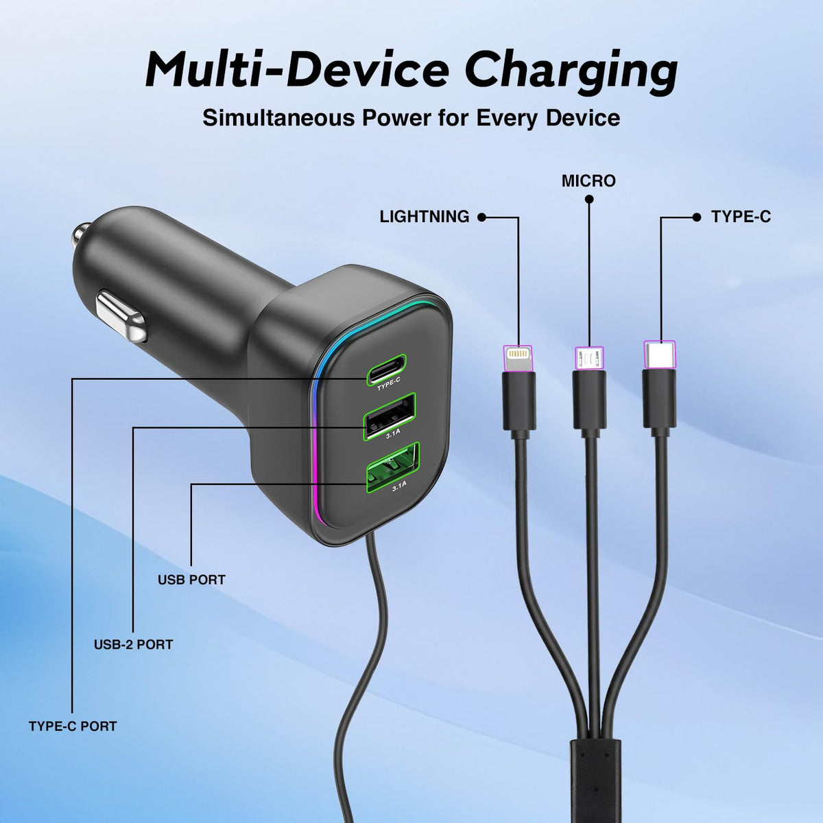 Chargeur de voiture à 3 ports avec câble de charge 3 en 1 intégré (Lightning/Type-C/Micro USB) - شاحن سيارة
