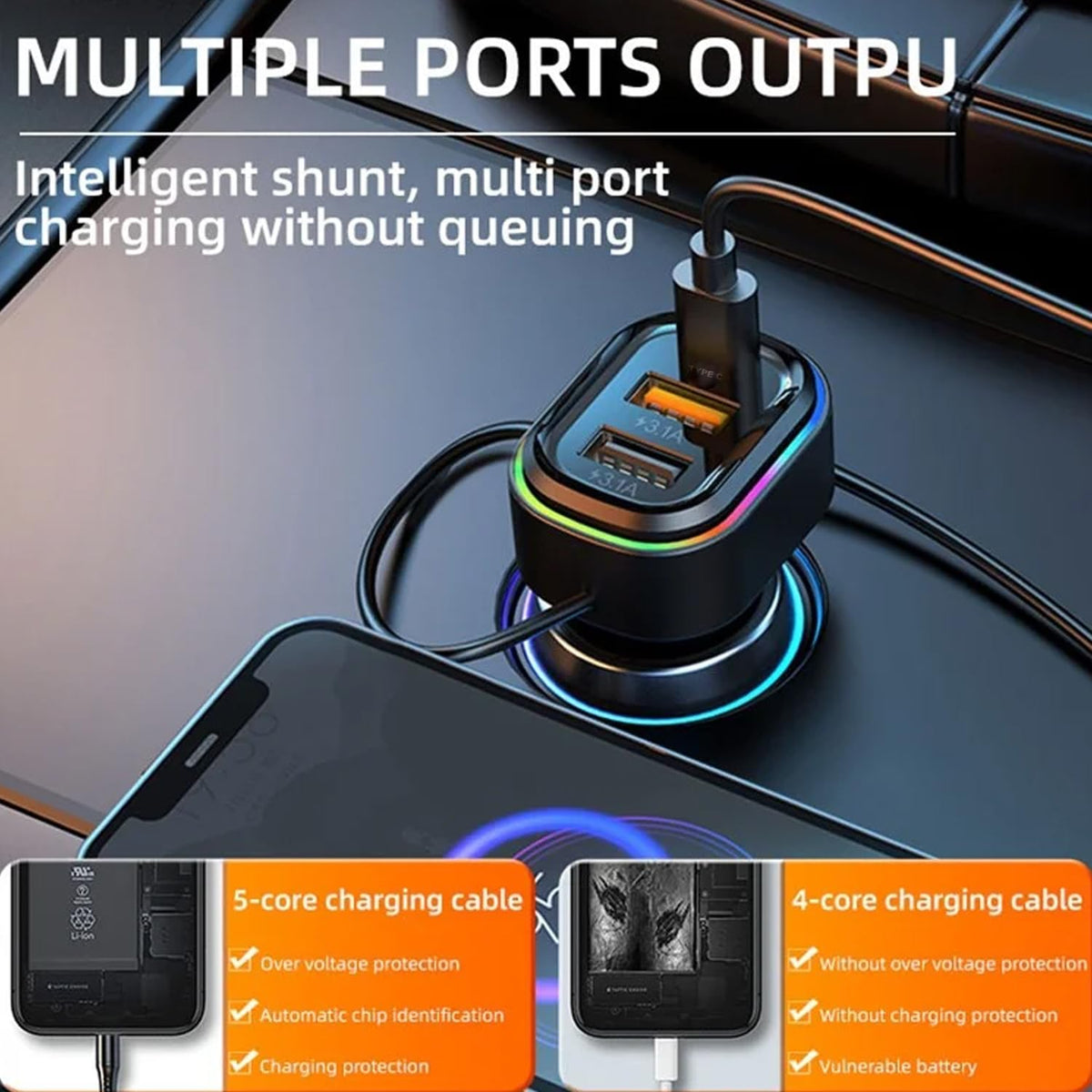 Chargeur de voiture à 3 ports avec câble de charge 3 en 1 intégré (Lightning/Type-C/Micro USB) - شاحن سيارة