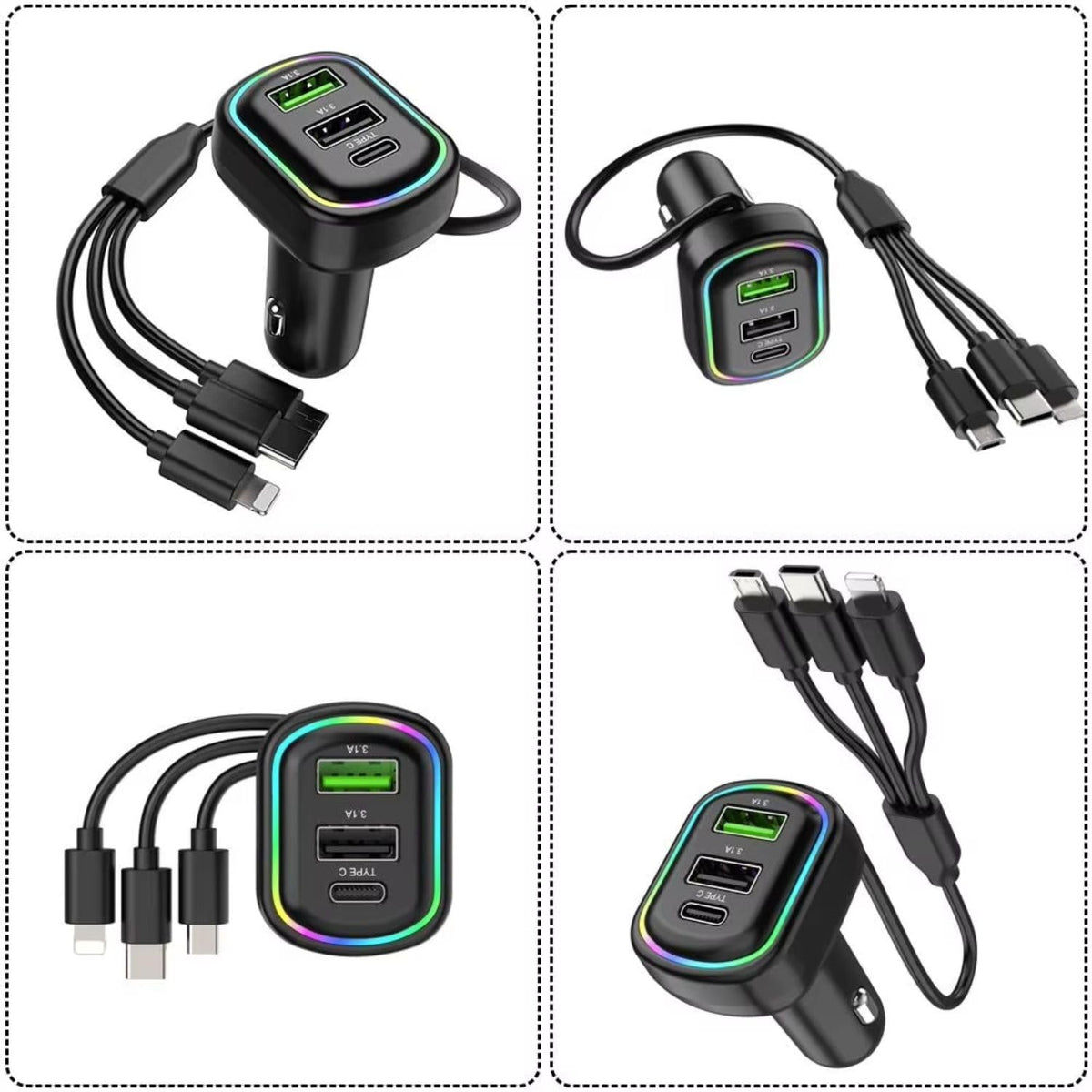 Chargeur de voiture à 3 ports avec câble de charge 3 en 1 intégré (Lightning/Type-C/Micro USB) - شاحن سيارة
