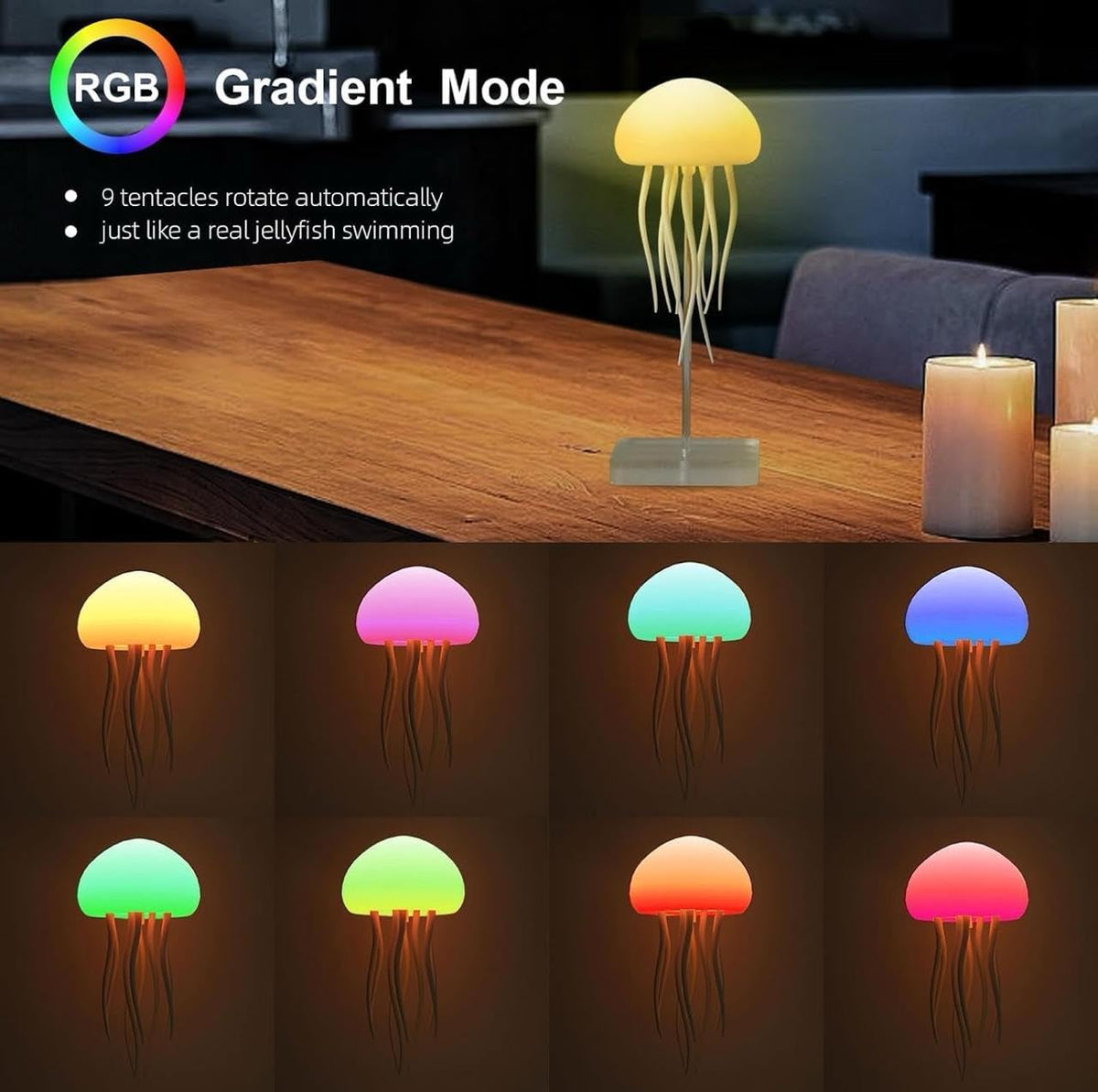 Lampe de chevet méduse à dégradé RGB avec tentacules animés - مصباح قنديل البحر