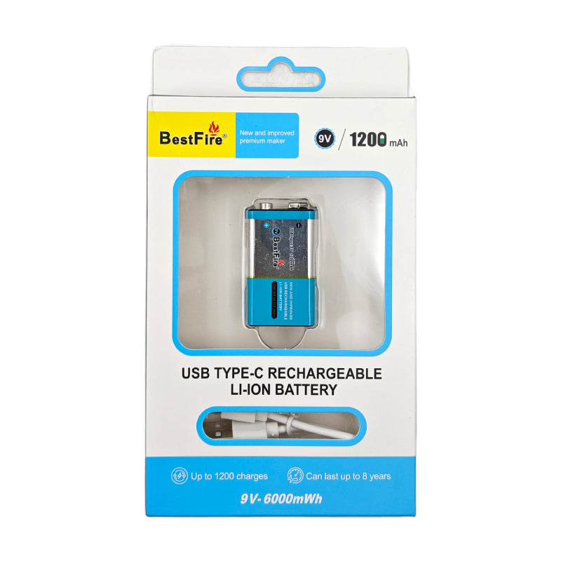 Pile rechargeable USB type C 9V 1200mWh en lithium BestFire - بطارية ليثيوم قابلة لإعادة الشحن