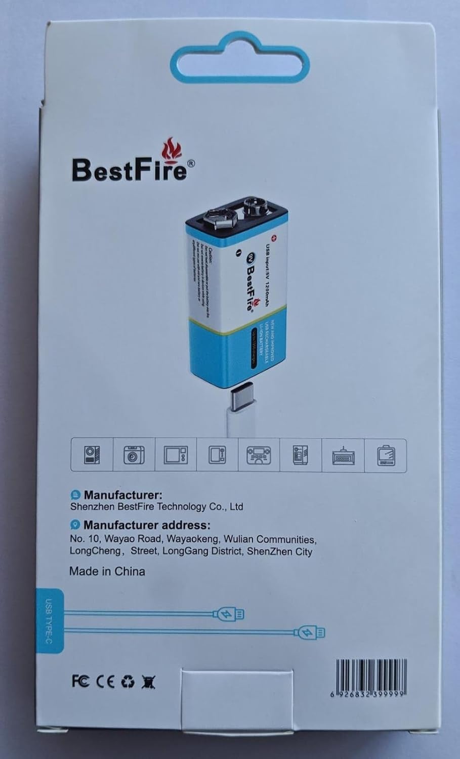 Pile rechargeable USB type C 9V 1200mWh en lithium BestFire - بطارية ليثيوم قابلة لإعادة الشحن