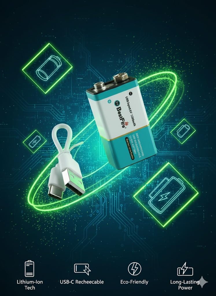 Pile rechargeable USB type C 9V 1200mWh en lithium BestFire - بطارية ليثيوم قابلة لإعادة الشحن