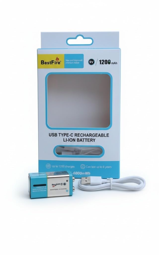 Pile rechargeable USB type C 9V 1200mWh en lithium BestFire - بطارية ليثيوم قابلة لإعادة الشحن