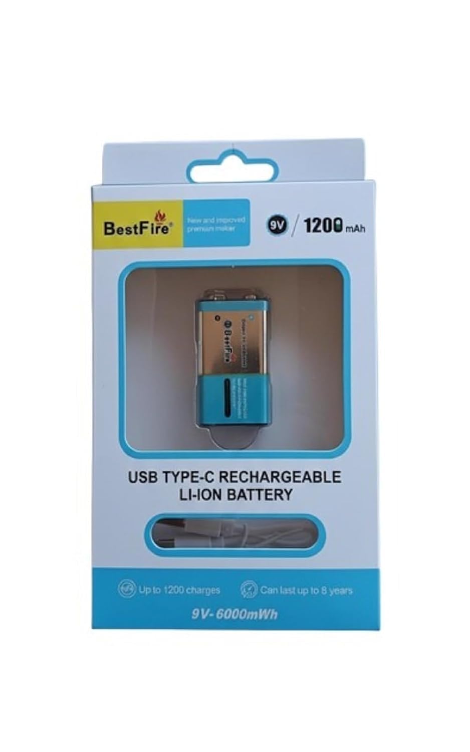 Pile rechargeable USB type C 9V 1200mWh en lithium BestFire - بطارية ليثيوم قابلة لإعادة الشحن