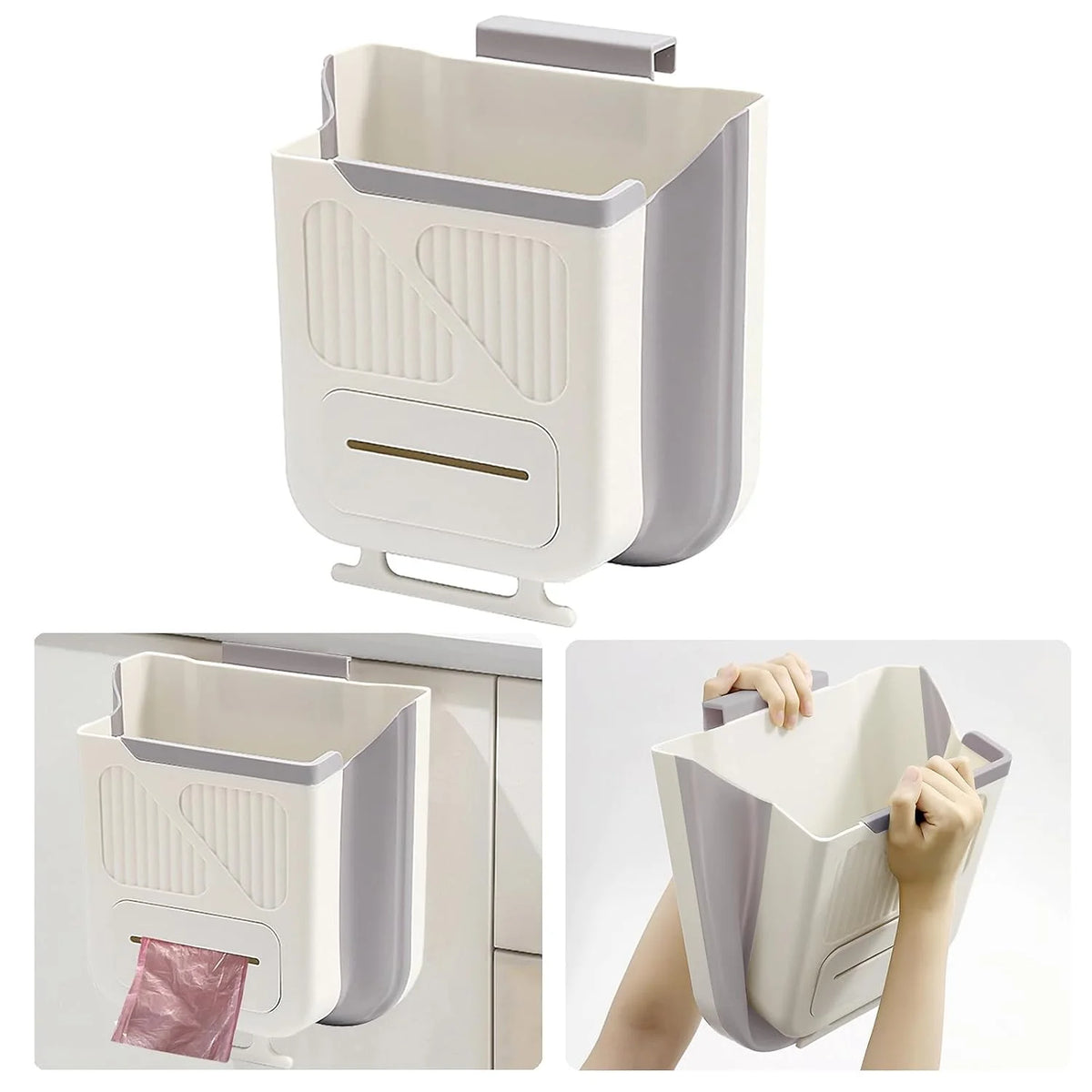 Poubelle de cuisine pliable et suspendue de 7 L avec distributeur sachets - سلة نفايات للمطبخ
