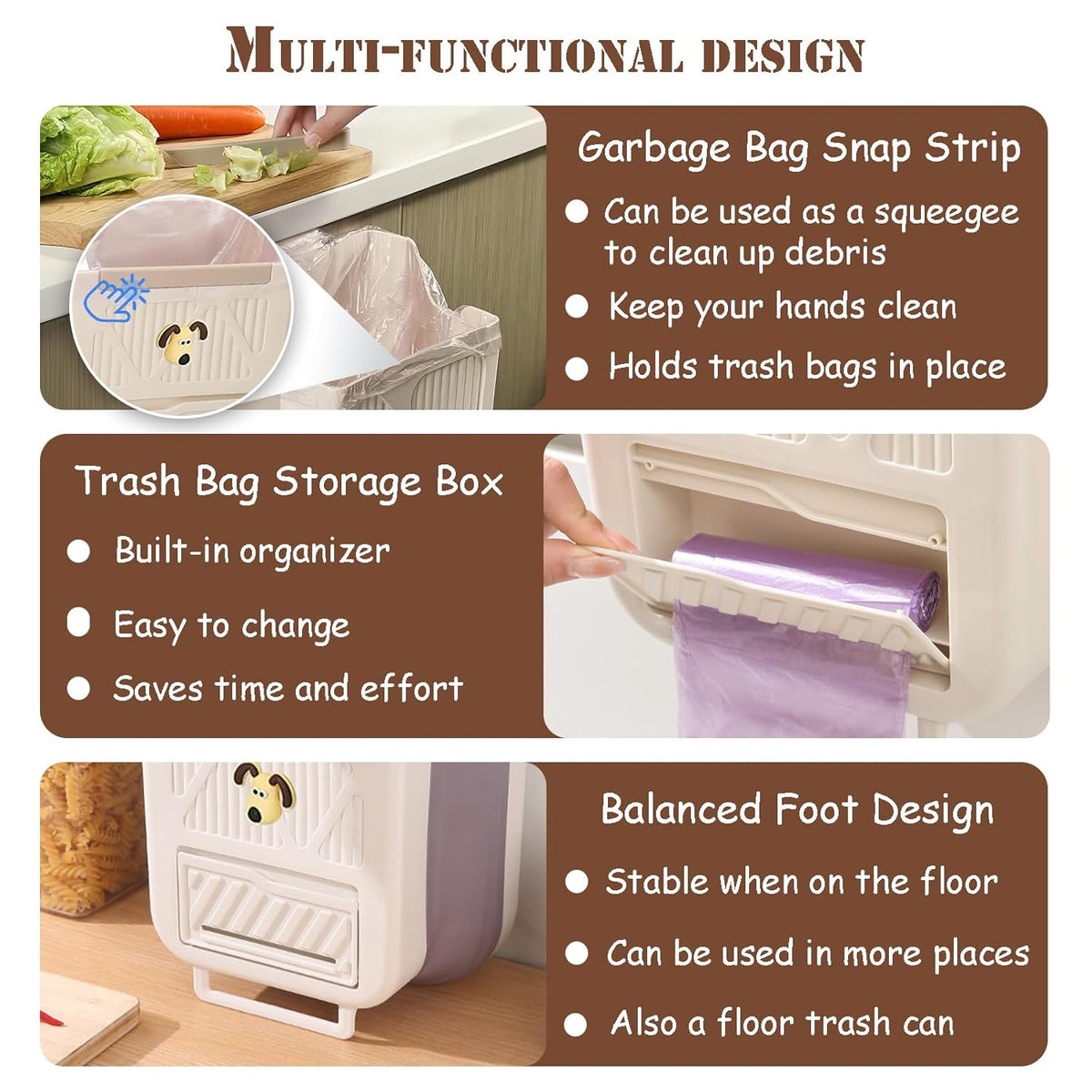 Poubelle de cuisine pliable et suspendue de 7 L avec distributeur sachets - سلة نفايات للمطبخ