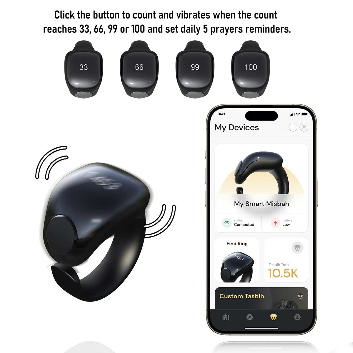 Anneau de Zikr Étanche avec Écran OLED iTasbih Faith+ Black - خاتم التسبيح الذكي المقاوم للماء بـ5 مقاسات