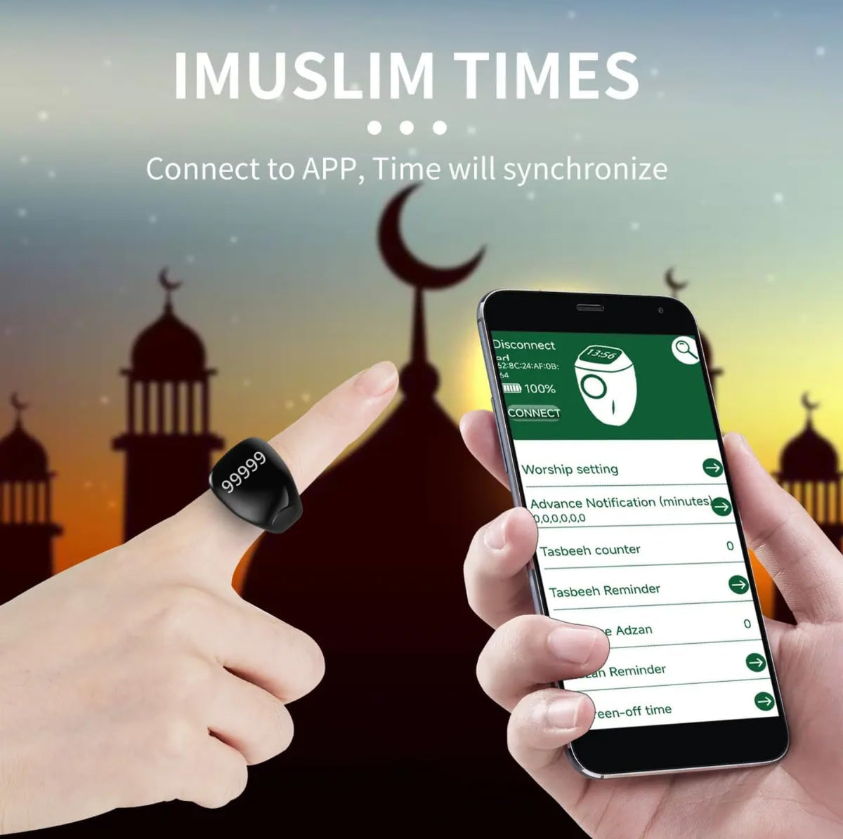 Anneau de Zikr Étanche avec Écran OLED iTasbih Salam+ - خاتم التسبيح الذكي المقاوم للماء بـ3 مقاسات