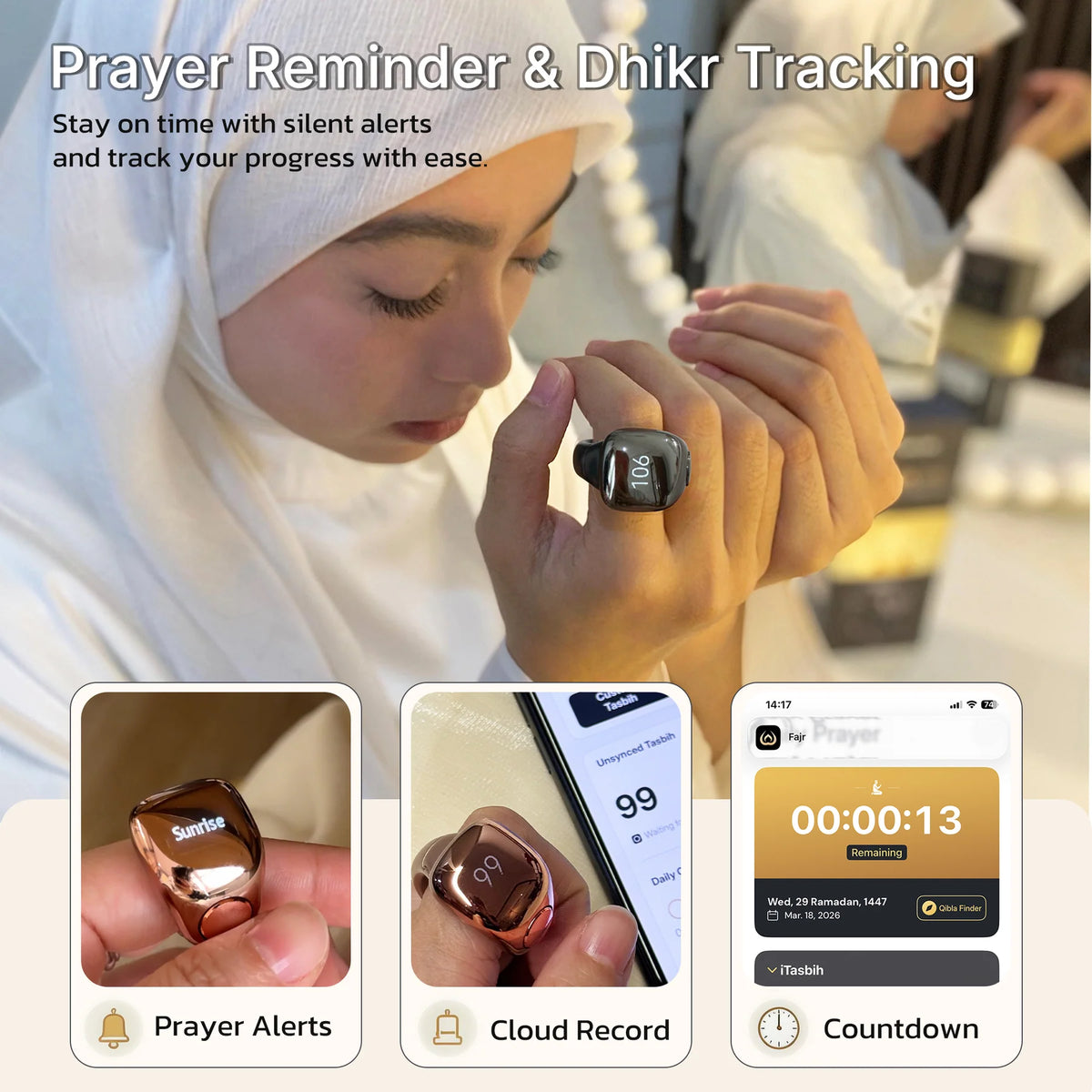 Anneau de Zikr Étanche avec Écran OLED iTasbih Faith+ Gold - خاتم التسبيح الذكي المقاوم للماء بـ5 مقاسات