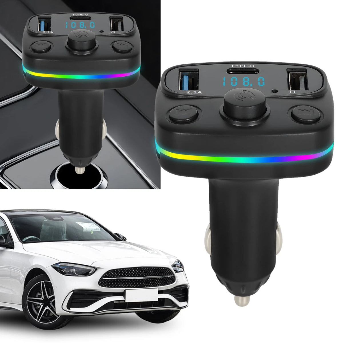Transmetteur FM Bluetooth et Chargeur de Voiture 12-24V - شاحن متعدد المنافذ للسيارات والشاحنات