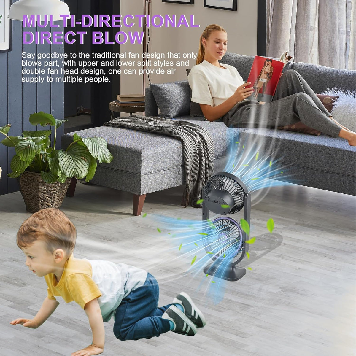 Ventilateur de Bureau Double Tête Rechargeable USB - مروحة المكتب المكتبية المزدوجة بـ 3 سرعات