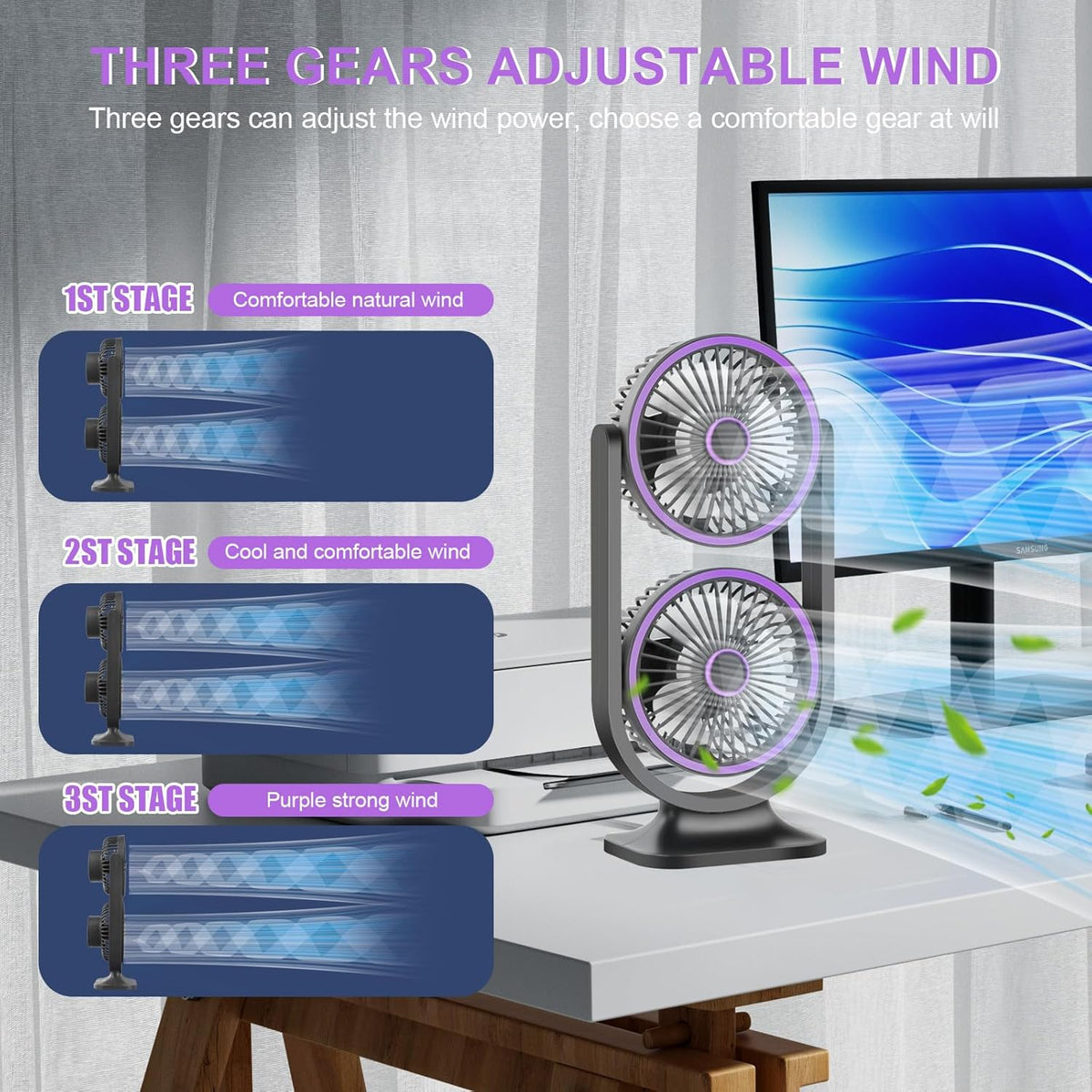 Ventilateur de Bureau Double Tête Rechargeable USB - مروحة المكتب المكتبية المزدوجة بـ 3 سرعات