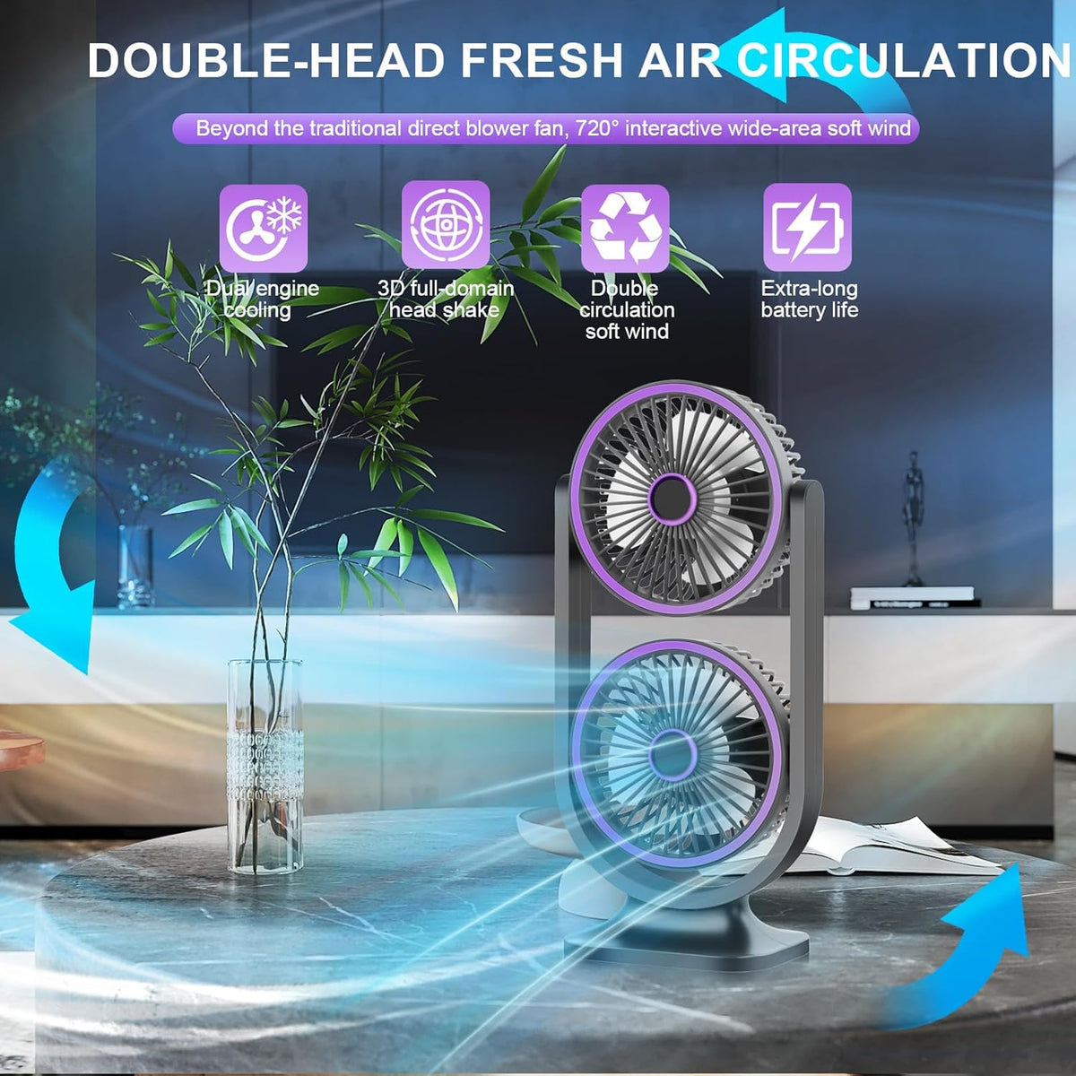 Ventilateur de Bureau Double Tête Rechargeable USB - مروحة المكتب المكتبية المزدوجة بـ 3 سرعات