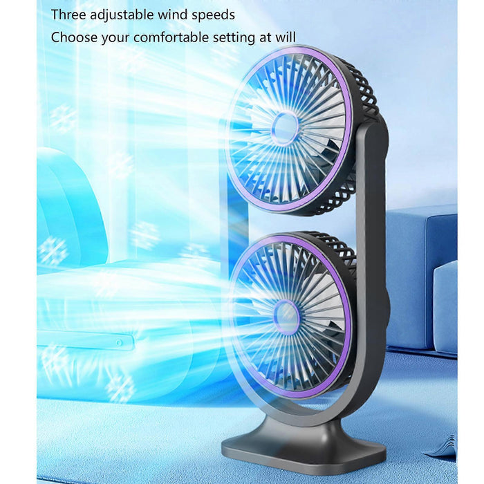 Ventilateur de Bureau Double Tête Rechargeable USB - مروحة المكتب المكتبية المزدوجة بـ 3 سرعات