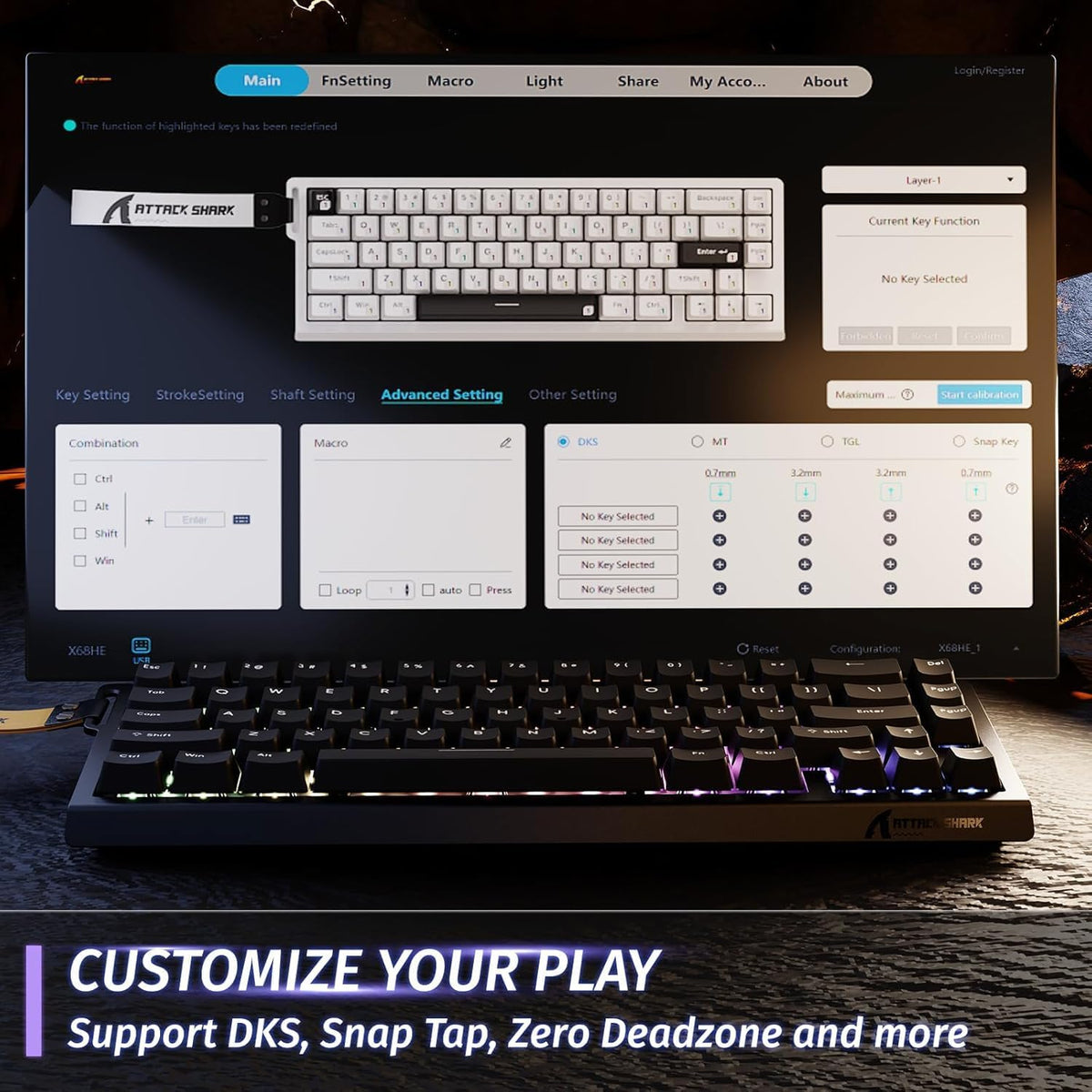 Clavier Gaming Magnétique ATTACK SHARK X68HE 60% avec Rapid Trigger et 8000Hz - لوحة مفاتيح المغناطيسية