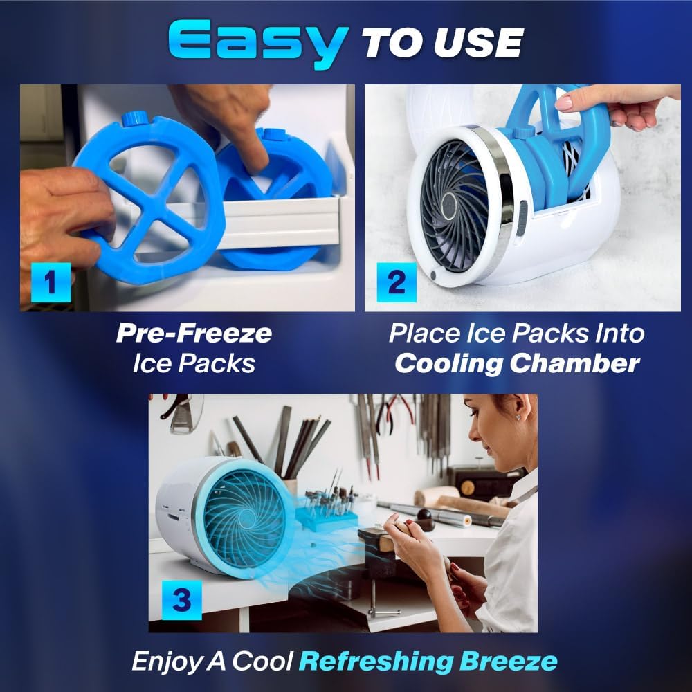 Mini Climatiseur Portable à Glace Technologie Jet Fan, 3 Vitesses et Éclairage LED - مبرد الهواء والثلج المدمج بـ 3 سرعات وإضاءة ملونة