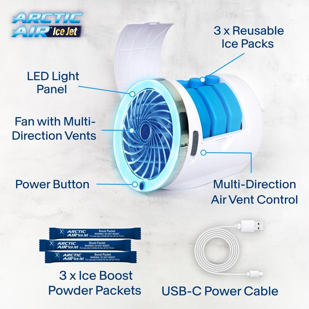 Mini Climatiseur Portable à Glace Technologie Jet Fan, 3 Vitesses et Éclairage LED - مبرد الهواء والثلج المدمج بـ 3 سرعات وإضاءة ملونة