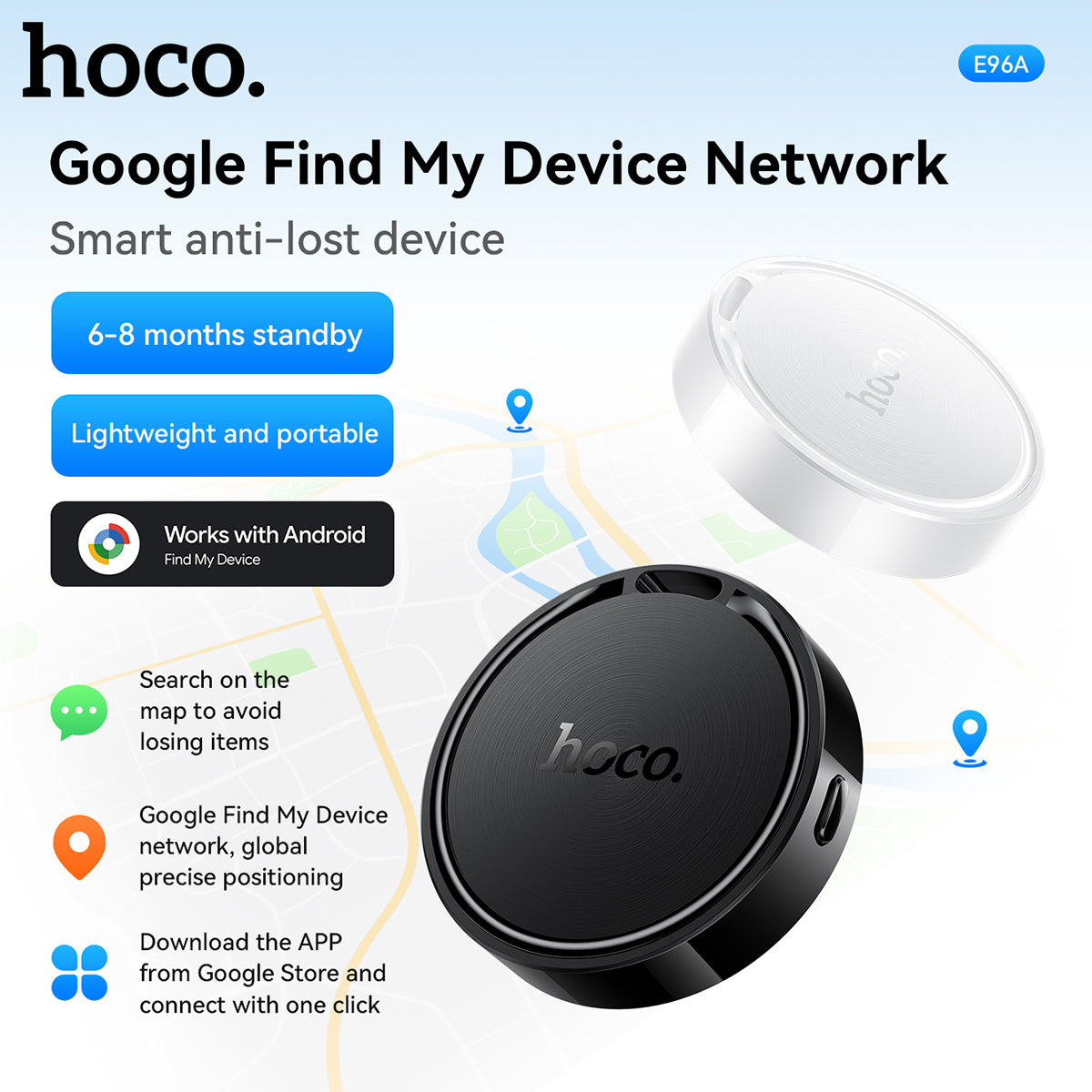 Traceur Intelligent HOCO E96A Android Localisateur Bluetooth via Réseau Google Find My Device - جهاز التتبع ومحدد المواقع الذكي لهواتف أندرويد