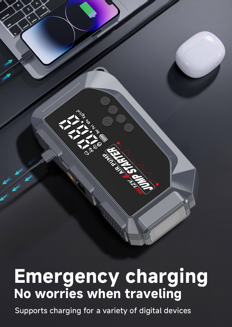 Booster Batterie et Compresseur d'Air Intelligent 12V avec Écran LCD CTC-936T - مقلع بطارية السيارة وجهاز الطوارئ المتكامل 2 في 1 مع مضخة هواء ذكية وشاشة رقمية