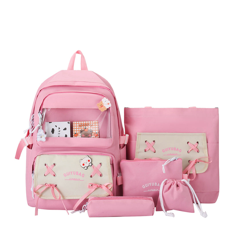 Sac à Dos Multifonctionnel Kawaii Grand Volume Imperméable et Résistant 5Pcs Rose SACKDS11RS - حقيبة ظهر بعدة قطع بتصميم كاوايي