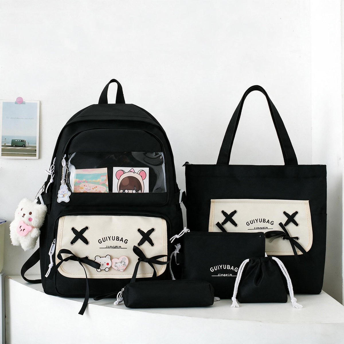 Sac à Dos Multifonctionnel Kawaii Grand Volume Imperméable et Résistant 5Pcs Noir SACKDS11N - حقيبة ظهر بعدة قطع بتصميم كاوايي