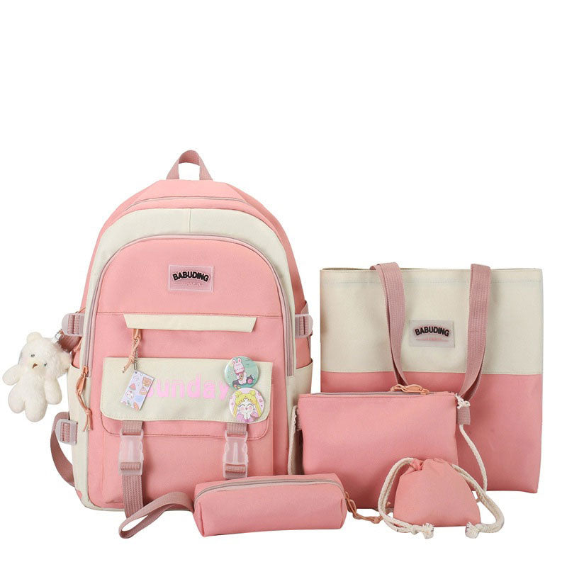 Sac à Dos Multifonctionnel Kawaii Grand Volume Imperméable et Résistant 5Pcs Rose SACKDS14RS - حقيبة ظهر بعدة قطع بتصميم كاوايي