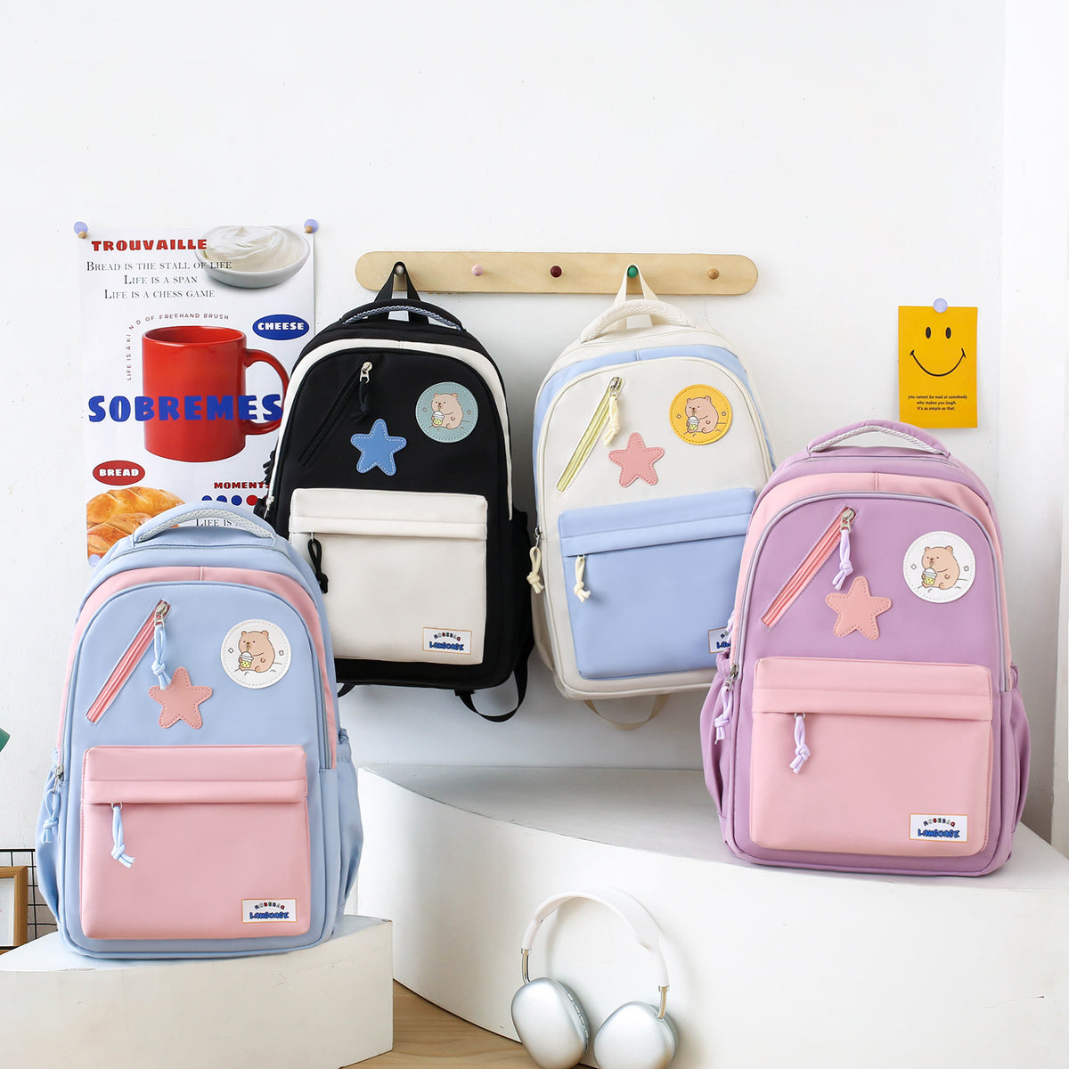 Sac à Dos Multifonctionnel Kawaii Grand Volume Imperméable et Résistant 4Pcs Bleu et Beige SACKDS02B - حقيبة ظهر بعدة قطع بتصميم كاوايي