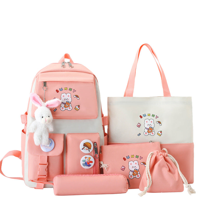 Sac à Dos Multifonctionnel Kawaii Grand Volume Imperméable et Résistant 5Pcs Rose SACKDS15RS - حقيبة ظهر بعدة قطع بتصميم كاوايي