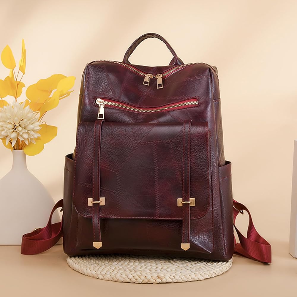 Sac à dos rétro en cuir synthétique pour femme Grenat - حقيبة ظهر نسائية من الجلد