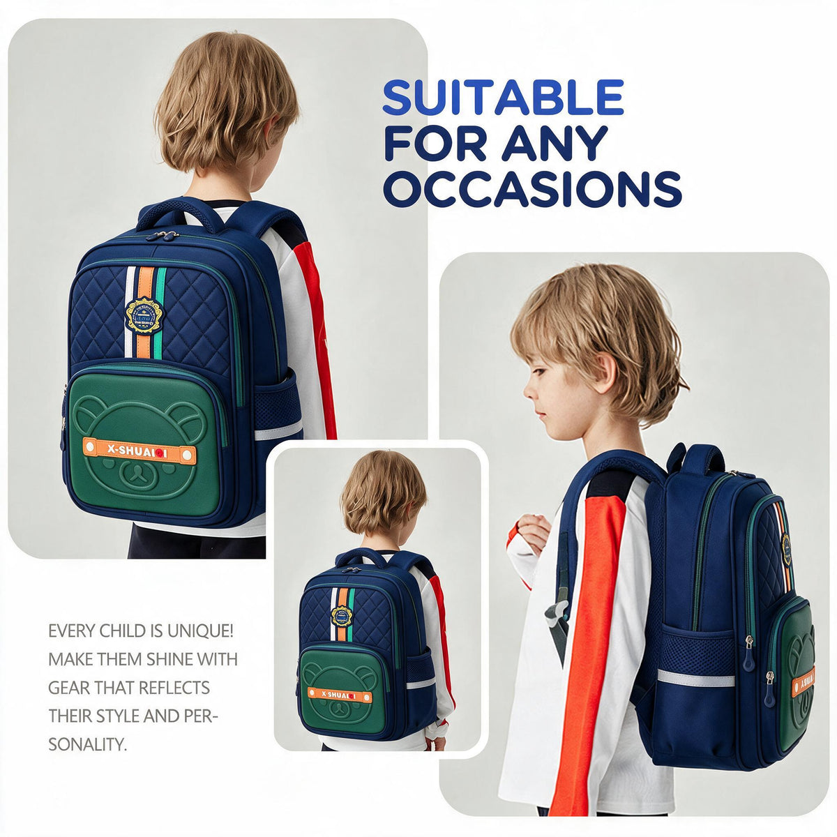 Sac à Dos Scolaire Style Kawaii Grand Volume Tissu Imperméable Bleu et Vert SACKDS18BV - حقيبة مدرسية بتصميم كاوايي