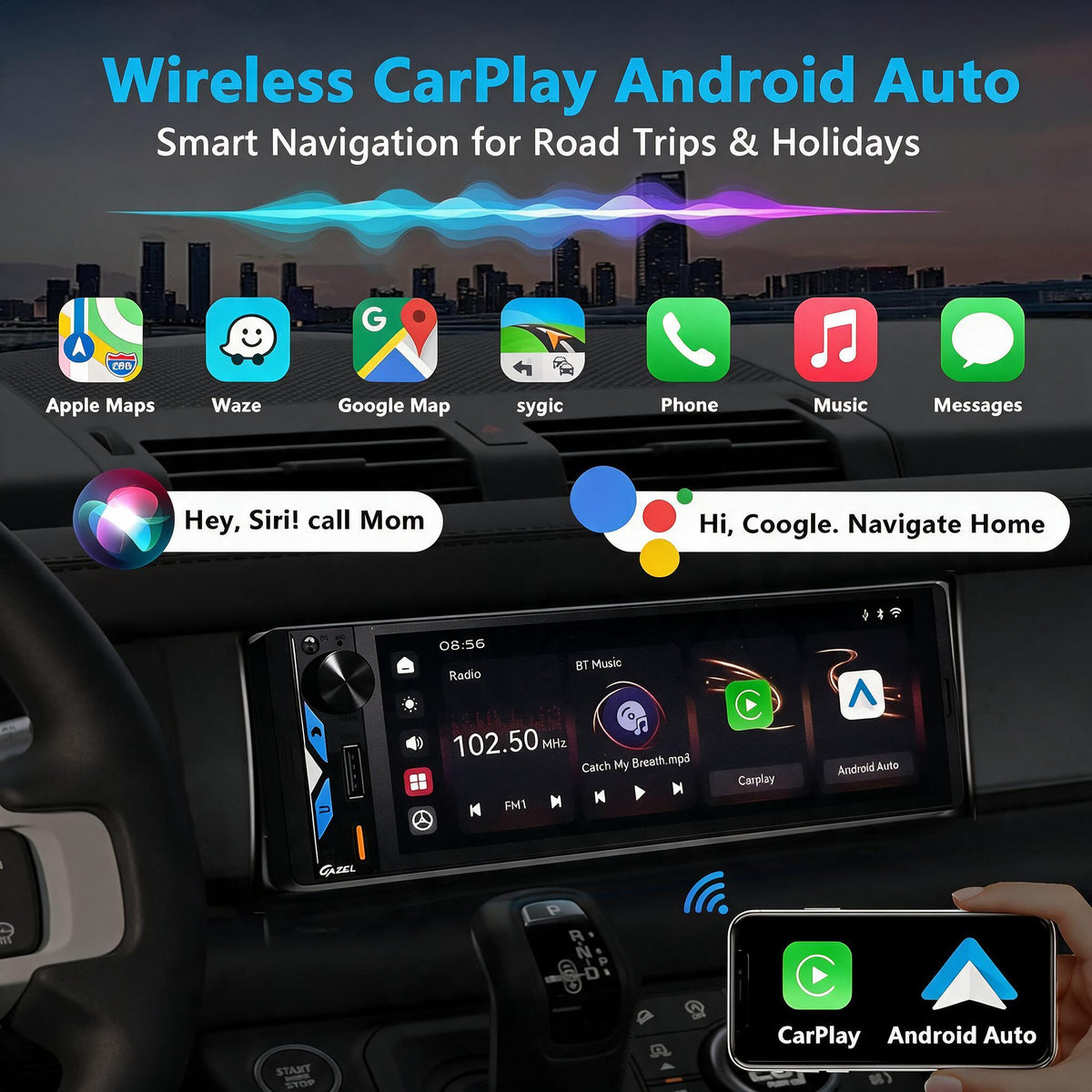 Gazel Autoradio 1Din Écran Tactile 5" IPS - Apple CarPlay et Android Auto Sans Fil Charge Rapide Type-C - راديو سيارة ذكي بشاشة لمس 5 بوصة تدعم و لاسلكيًا
