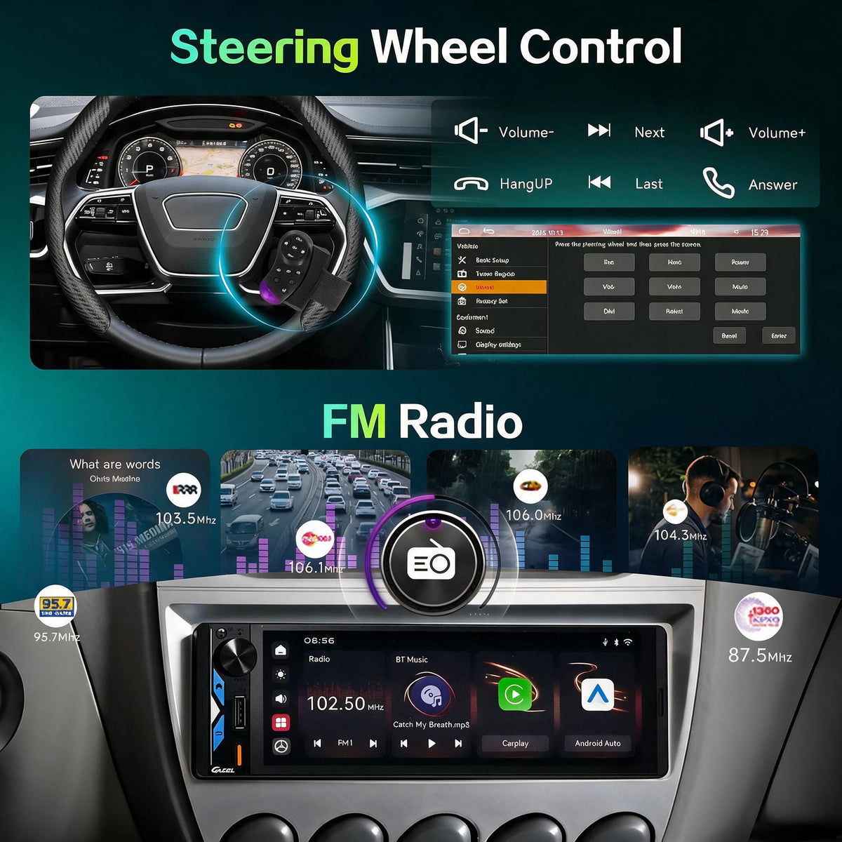 Gazel Autoradio 1Din Écran Tactile 5" IPS - Apple CarPlay et Android Auto Sans Fil Charge Rapide Type-C - راديو سيارة ذكي بشاشة لمس 5 بوصة تدعم و لاسلكيًا