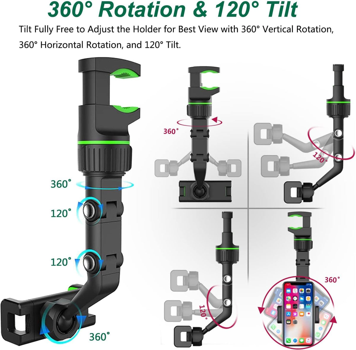 Support Téléphone Voiture pour Rétroviseur Rotation 360°, Bras Long Ajustable - حامل هاتف لمرآة الرؤية الخلفية للسيارة مع دوران 360° وذراع قابل للتعديل
