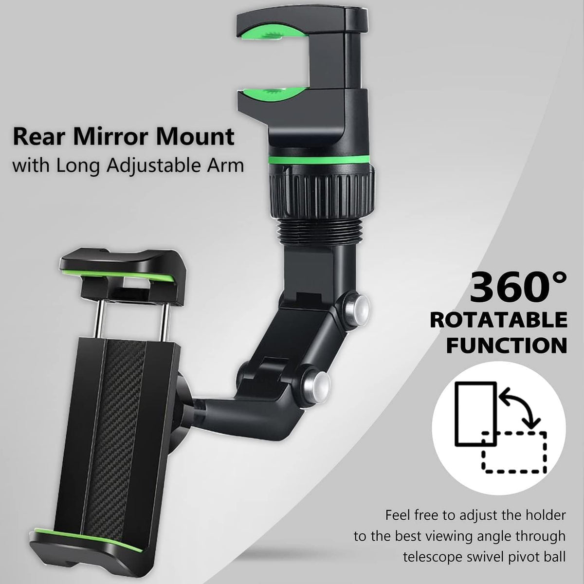 Support Téléphone Voiture pour Rétroviseur Rotation 360°, Bras Long Ajustable - حامل هاتف لمرآة الرؤية الخلفية للسيارة مع دوران 360° وذراع قابل للتعديل