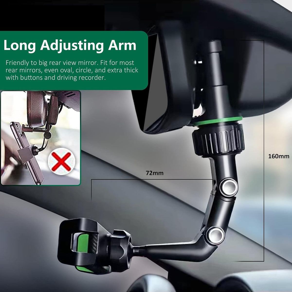 Support Téléphone Voiture pour Rétroviseur Rotation 360°, Bras Long Ajustable - حامل هاتف لمرآة الرؤية الخلفية للسيارة مع دوران 360° وذراع قابل للتعديل