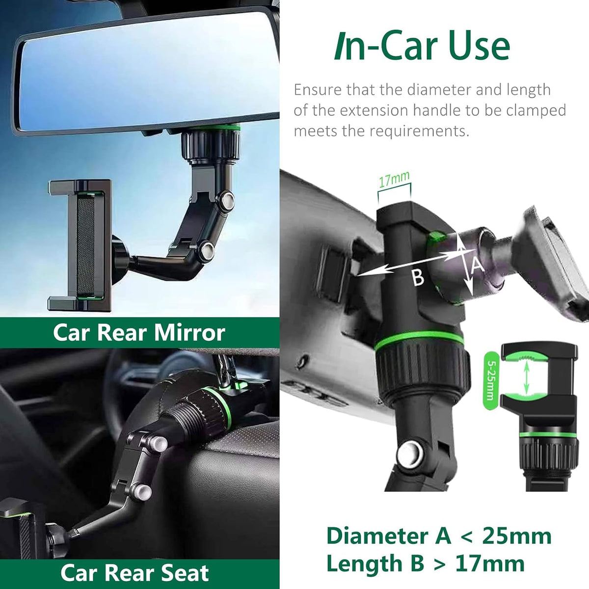 Support Téléphone Voiture pour Rétroviseur Rotation 360°, Bras Long Ajustable - حامل هاتف لمرآة الرؤية الخلفية للسيارة مع دوران 360° وذراع قابل للتعديل