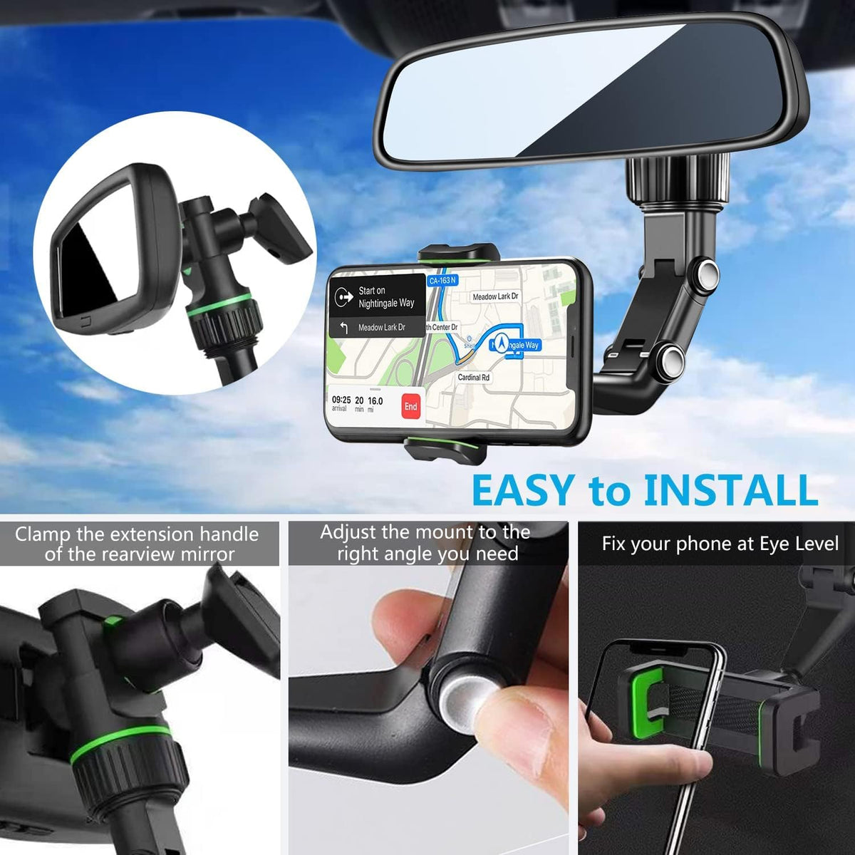 Support Téléphone Voiture pour Rétroviseur Rotation 360°, Bras Long Ajustable - حامل هاتف لمرآة الرؤية الخلفية للسيارة مع دوران 360° وذراع قابل للتعديل
