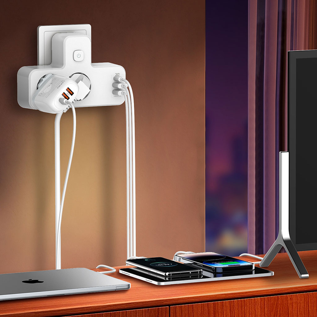 Rallonge Mural Multifonction – 2 Prises Européennes, 3 Ports USB (dont USB-C) et Lumière LED – مقبس طاقة