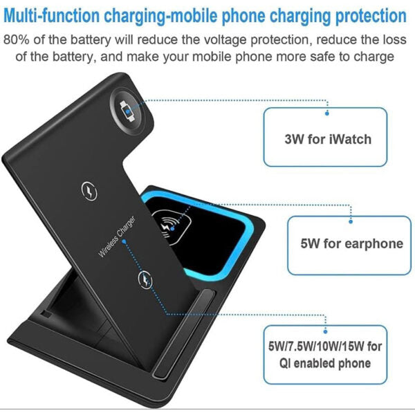 Station de charge sans fil 3 en 1 pour smartphones et appareils électroniques – شاحن لاسلكي للهاتف و الأجهزة الإلكترونية
