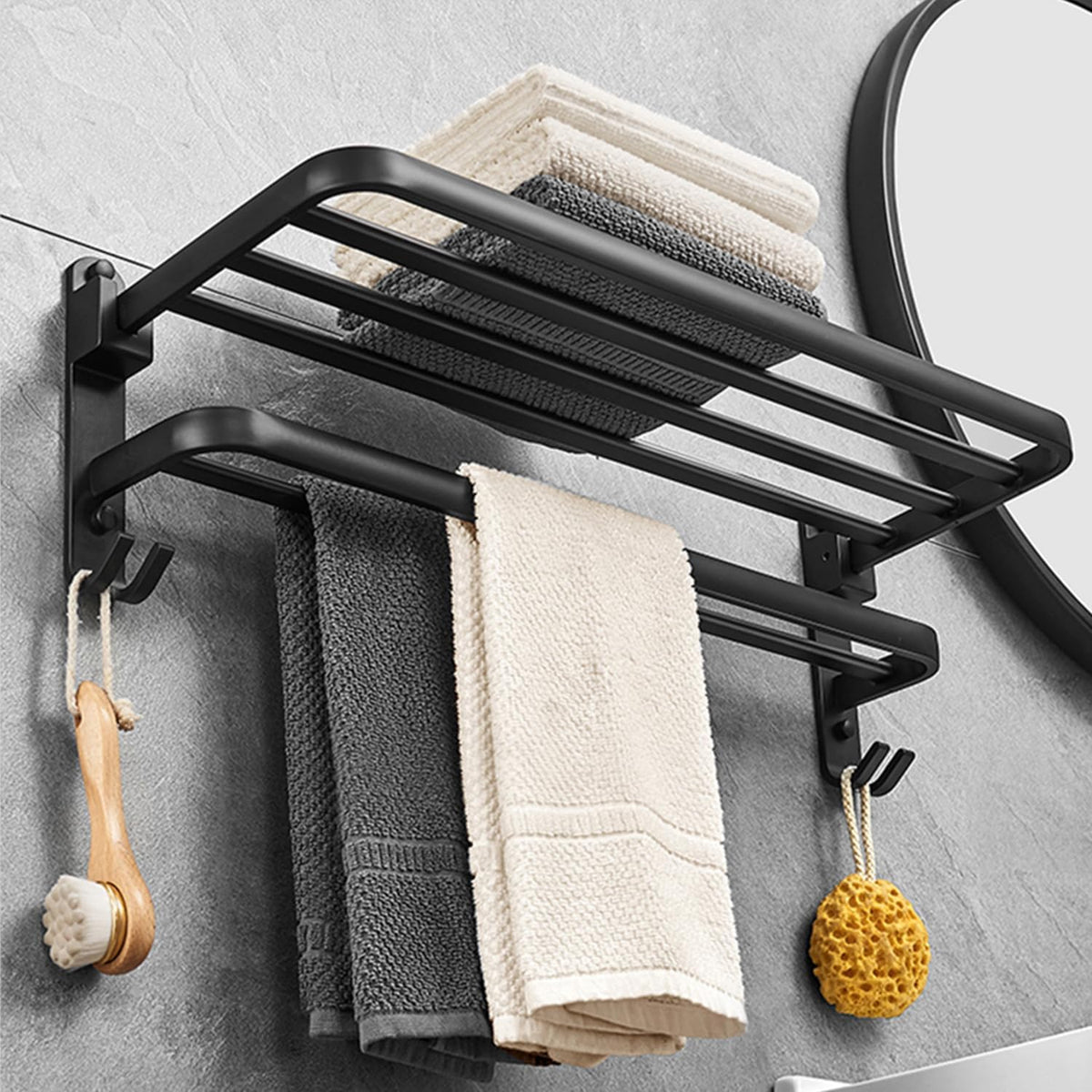 Porte-serviette mural pliable en aluminium Noir – خفيف، متين، ويعطي لمسة عصرية لحمامك
