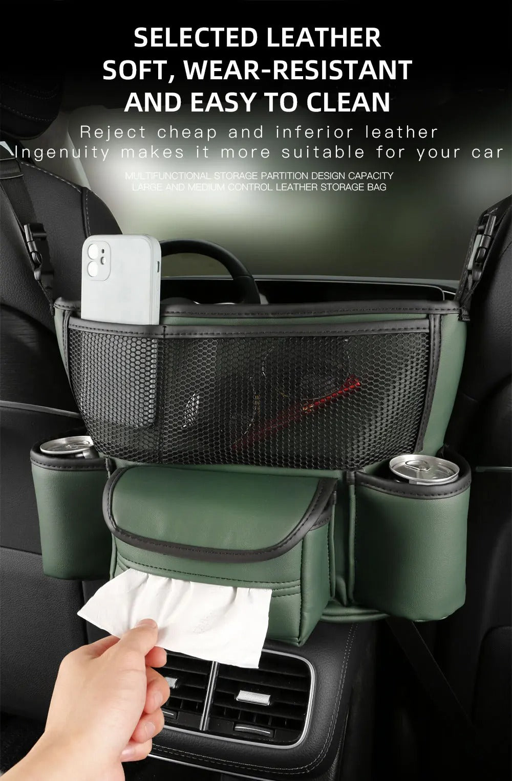 Sac de rangement en cuir pour siège de voiture, cintre central, sac à main automatique, support entre les sièges, poches pour gobelets à eau en tissu, évaluation de rangement