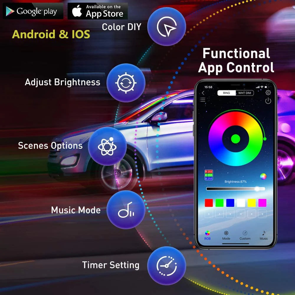 App Smart Bande lumineuse Neon RGB de chassis avec capteur de son Underglow pour voiture 12V