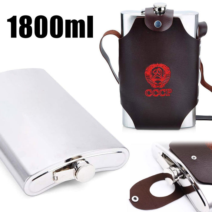 Flasque Métallique Portable 1800ml en Acier Inoxydable 18/8 avec Étui en Cuir pour Activités Extérieures